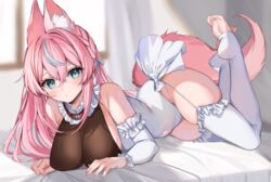  animal_ear_fluff animal_ears aqua_eyes bare_shoulders blurry blurry_background braid breasts chained chains cleavage closed_mouth covered_navel detached_sleeves feet feet_up female fox_ears fox_girl fox_tail frilled_sleeves frilled_thighhighs frills garter_straps green_eyes highres indoors large_breasts leash legs_up leotard long_sleeves lying multicolored_hair on_bed on_stomach pink_hair side-tie_leotard skindentation soles solo streaked_hair tail thighhighs thighs toeless_legwear toes virtual_youtuber vyugen white_hair white_leotard white_thighhighs yuniiho yuniiho_(vtuber) 