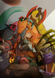  aegislash blurry charizard closed_eyes closed_mouth coat commentary_request dragapult dreepy eyelashes female fire flame-tipped_tail green_shirt grey_coat hair_ornament haxorus heart heart_hair_ornament highres long_hair long_sleeves motoaki orange_hair pants pokemon pokemon_(creature) pokemon_swsh rhyperior ribbed_shirt rillaboom shirt side_ponytail sleeping sonia_(pokemon) 