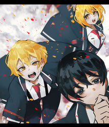  2boys :d :o black_coat black_hair blonde_hair brown_eyes closed_mouth coat collared_shirt don_quixote_(project_moon) female hand_on_own_chin highres letterboxed limbus_company long_sleeves multiple_boys nakame77 necktie open_clothes open_coat project_moon red_necktie shirt short_hair shouting sinclair_(project_moon) smile sweatdrop white_shirt yellow_eyes yi_sang_(project_moon) 