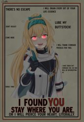  artist_name black_gloves blonde_hair blush commentary english_commentary english_text female gamryous girls&#039;_frontline gloves glowing glowing_eyes green_headband hair_intakes hairband headband heart heart-shaped_pupils highres i_want_you long_hair looking_at_viewer open_mouth parody ponytail poster_(medium) poster_parody red_eyes sidelocks smile solo sv-98_(girls&#039;_frontline) sv-98_(mod3)_(girls&#039;_frontline) symbol-shaped_pupils teeth upper_body upper_teeth_only yandere 