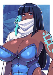  black_hair blue_eyes blue_leotard borrowed_character breasts butter_sugoi coat coat_on_shoulders commentary covered_abs covered_mouth dark-skinned_female dark_skin female highres hime_cut huge_breasts leotard long_hair original shoulder_tattoo solo strapless strapless_leotard tattoo upper_body very_dark_skin zoom_layer 