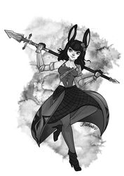  2023 accessory animal_humanoid armor breasts clothing dress female final_fantasy flower flower_in_hair footwear hair hair_accessory hi_res high_heels holding_melee_weapon holding_object holding_polearm holding_weapon humanoid lagomorph lagomorph_humanoid mammal mammal_humanoid melee_weapon monochrome nakitacat on_one_leg pauldron plant polearm smile solo square_enix standing viera weapon 