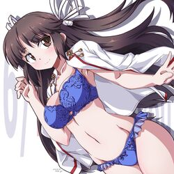  547th_sy black_hair blue_bra blue_panties bra breasts brown_eyes commentary_request cowboy_shot dress_shirt female hair_ribbon highres hime_cut hiyou_(kancolle) kantai_collection lingerie long_hair long_sleeves looking_at_viewer open_clothes open_shirt panties ribbon shirt shirt_on_shoulders smile solo standing underwear white_ribbon white_shirt 