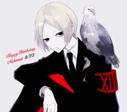  1boy animal animal_on_shoulder armband awara_kayu bird bird_on_shoulder black_armband blonde_hair commentary_request dated formal grey_background happy_birthday knee_up long_sleeves male_focus nakarai_keijin necktie pale_skin pants red_armband red_background roman_numeral shirt short_hair simple_background solo tokyo_ghoul tokyo_ghoul:re upper_body 