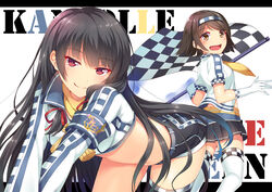  2girls :d :q absurdres black_hair blush brown_eyes brown_hair checkered_flag closed_mouth elbow_gloves flag gloves hairband highres holding horosuke isokaze_(kancolle) kantai_collection licking_lips long_hair long_sleeves looking_at_viewer looking_back midriff miniskirt multiple_girls open_mouth pleated_skirt race_queen red_eyes shiny_skin short_hair short_sleeves shorts simple_background skirt smile tanikaze_(kancolle) thighhighs tongue tongue_out white_background white_gloves white_legwear 