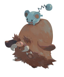  :o bluekomadori brown_fur commentary crying english_commentary highres looking_down marill no_humans open_mouth piloswine pokemon pokemon_(creature) scared simple_background solid_oval_eyes tears tongue tusks white_background 