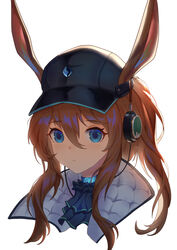  absurdres amiya_(arknights) amiya_(newsgirl)_(arknights) animal_ears arknights backlighting baseball_cap black_hat blue_eyes brown_hair closed_mouth female hair_between_eyes hat headphones highres jewelry long_hair longyu_(17767756) looking_at_viewer medium_hair neck_ring neckerchief official_alternate_costume photoshop_(medium) ponytail portrait rabbit_ears sidelocks simple_background solo white_background 