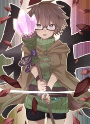  aussa_(yu-gi-oh!) aussa_the_earth_charmer black_shorts brown-framed_eyewear brown_eyes brown_hair brown_robe commentary_request crystal duel_monster female glasses green_sweater hair_between_eyes highres holding holding_staff hood hood_down hooded_robe open_clothes open_robe parted_lips ribbed_sweater robe semi-rimless_eyewear short_shorts shorts solo staff sweater tadanoshi_kabane teeth turtleneck turtleneck_sweater under-rim_eyewear upper_teeth_only v-shaped_eyebrows yu-gi-oh! 