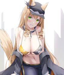  animal_ear_fluff animal_ears bad_id bad_pixiv_id baseball_cap black_hat black_jacket black_pants blonde_hair breasts cleavage collar collarbone commentary_request cosplay female fn-49_(girls&#039;_frontline) girls&#039;_frontline green_eyes grin hat highres jacket keenh large_breasts leaning_forward long_hair looking_at_viewer mg3_(girls&#039;_frontline) mg3_(girls&#039;_frontline)_(cosplay) mg3_(open_your_eyes_it&#039;s_full_moon)_(girls&#039;_frontline) navel pants simple_background smile solo stomach tail teeth v-shaped_eyebrows white_background wolf_ears wolf_girl wolf_tail 