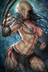  2022 abs alien alien_humanoid bone_mask breasts clothed clothing digital_media_(artwork) dreadlocks female fingernails fingers fist hair hi_res humanoid mask metal_shield muscular muscular_female muscular_humanoid nails navel neoartcore not_furry predator_(franchise) prey_(2022_film) sharp_fingernails sharp_nails sharp_teeth shield solo teeth yautja 