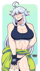  ahoge arm_behind_back artist_name bikini bikini_bottom_only black_sports_bra borrowed_character breasts butter_sugoi cleavage clothes_around_waist commentary contrapposto cowboy_shot female fingerless_gloves gloves grey_hair highres large_breasts long_hair navel original parted_lips sidelocks smile solo sports_bra sweater sweater_around_waist swimsuit very_long_hair yellow_eyes 