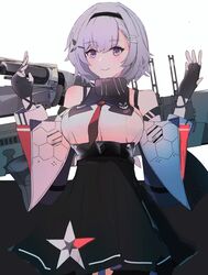  absurdres arms_up azur_lane bare_shoulders black_background black_gloves black_pantyhose black_ribbon blush breasts commentary_request dress female fingerless_gloves gloves grey_hair hair_between_eyes hair_ornament hairband hairclip highres hinaname large_breasts looking_at_viewer machinery necktie pantyhose purple_eyes red_necktie reno_(azur_lane) ribbon short_hair simple_background skirt sleeveless smile solo two-tone_background underboob white_background 