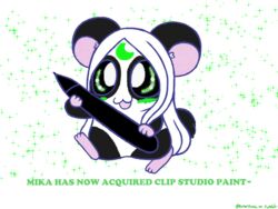  4:3 alternate_species anthro black_body black_fur blush cricetid digital_media_(artwork) english_text female fur fur_markings green_eyes hair hamster hi_res lunarpanda8686 mammal markings mika_(lunarpanda8686) rodent round_ears simple_background smile solo sparkles tablet_pen tail text white_body white_fur white_hair 