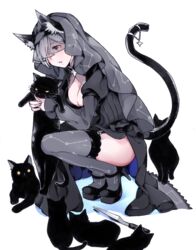  animal animal_ears black_cat black_dress black_footwear black_tail black_veil breasts cat_ears cat_tail cleavage commentary_request dress fake_animal_ears fake_tail feline female funeral_dress grey_eyes grey_hair grey_thighhighs heel_up high_heels highres holding holding_animal holding_cat knife large_breasts mina_mathers nanaheibei_3 open_mouth solo squatting tail tail_ornament tail_raised thighhighs toaru_majutsu_no_index toaru_majutsu_no_index:_new_testament veil white_background 