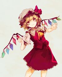  ascot blonde_hair blush bow closed_mouth commentary crystal feet_out_of_frame female flandre_scarlet frilled_shirt frilled_shirt_collar frilled_skirt frilled_sleeves frills grin hat hat_ribbon highres looking_at_viewer mob_cap oerba_yun_fang puffy_short_sleeves puffy_sleeves red_bow red_eyes red_ribbon red_skirt red_vest ribbon shirt short_hair short_sleeves side_ponytail simple_background skirt skirt_set smile solo standing touhou vest wasabisuke wavy_hair white_background white_shirt wings yellow_ascot 