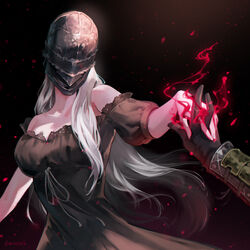  annalise_queen_of_the_vilebloods bare_shoulders black_background black_dress black_gloves blood bloodborne breasts commentary_request cowboy_shot dark_background dress female from_behind gloves gradient_background grey_hair helm helmet highres holding_hands jiro_(ninetysix) large_breasts long_hair magic mask pale_skin puffy_short_sleeves puffy_sleeves short_sleeves solo_focus twitter_username very_long_hair weapon 