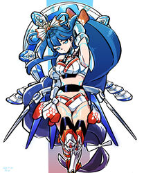  android bikini blue_eyes blue_hair body_markings border commentary_request dark_blue_hair dated detached_sleeves female foot_out_of_frame gradient_background hair_ribbon halo halo_behind_head head_chain hexagon_print highres jewelry leg_armor long_hair low-braided_long_hair low-tied_long_hair otohime_(housamo) pillarboxed r-te_(restricted_te) ribbon sidelocks signature simple_background solo swimsuit tokyo_afterschool_summoners very_long_hair white_border 