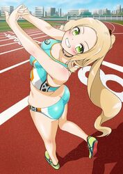  ass bare_shoulders blonde_hair blush breasts buruma choker day female green_eyes grin hakase_yurisuki inubouzaki_fuu long_hair looking_at_viewer midriff outdoors ponytail ribbon shoes smile solo sports_bikini sports_bra standing standing_on_one_leg stretching tank_top teeth track_and_field track_uniform yuuki_yuuna_wa_yuusha_de_aru yuusha_de_aru 