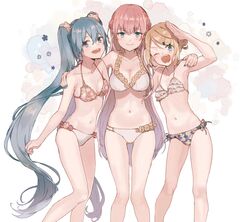  3girls :d ;d absurdly_long_hair alternate_costume aqua_nails arm_around_shoulder arm_at_side arm_behind_back armpit_peek armpits ass_visible_through_thighs bare_legs bikini blonde_hair blue_eyes blue_hair blue_nails blunt_bangs breasts cleavage closed_mouth collarbone commentary contrapposto curly_hair dot_nose feet_out_of_frame floral_print flower frilled_bikini frills gradient_background hair_bun hair_flower hair_ornament hairclip half-closed_eyes hand_up happy hatsune_miku highres hip_bones jam_(zamuchi) kagamine_rin knees_together_feet_apart large_breasts legs_apart light_blush light_smile lineup long_hair looking_at_viewer medium_breasts megurine_luka multiple_girls navel one_eye_closed open_mouth pink_hair ribs salute sharp_teeth shiny_skin simple_background single_hair_bun skinny small_breasts smile standing stomach straight_hair swimsuit tareme teeth thigh_gap twintails very_long_hair vocaloid white_background white_bikini yellow_flower 