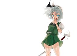  aqua_eyes blood gotoh510 gray_hair headband katana konpaku_youmu shirt short_hair signed skirt sword touhou weapon white 