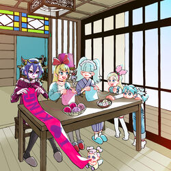  1boy 5girls :d ai-chan_(dokidoki!_precure) aqua_hair aqua_nails aqua_sweater belt_collar biburi_(precure) blonde_hair blue_eyes blue_hair blue_kimono blush_stickers bow_hairband bowl bright_pupils cardigan chair choker closed_eyes collar collarbone commentary_request dokidoki!_precure dress english_text facepaint fingernails fur-trimmed_footwear fur_trim grey_footwear hair_between_eyes hair_bun hairband headdress healin&#039;_good_precure heart heart_hair_bun holding horns in-franchise_crossover indoors japanese_clothes kimono kirahoshi_ciel kirakira_precure_a_la_mode knees_together_feet_apart knitting knitting_needle lamp lampshade leaning_forward long_fingernails long_hair looking_at_another multiple_girls nail_polish needle off-shoulder_sweater off_shoulder open_mouth outstretched_arm overalls pikario_(precure) pink_hair precure purple_collar purple_dress purple_hair purple_sweater red_choker red_footwear red_hairband regina_(dokidoki!_precure) sewing_machine shindoine shirt short_hair sidelocks sitting sliding_doors slippers smile socks stained_glass striped_clothes striped_kimono sweater sweater_dress table thighhighs tiptoes ton_(ton39342104) white_pupils white_shirt wings wooden_floor yarn yarn_ball 