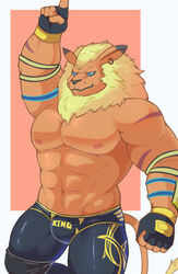  abs anthro bandai_namco blonde_hair bulge cosplay digimon digimon_(species) hair king_(tekken) leomon male muscular muscular_anthro muscular_male nipples paqaaqap pecs solo tekken tekken_5 wrestling_clothing 