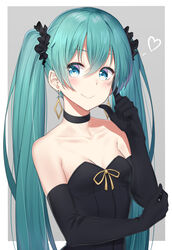  absurdres aqua_eyes aqua_hair bare_shoulders bib_(bibboss39) black_choker black_clothes black_gloves black_scrunchie blue_eyes blue_hair blush breasts choker cleavage closed_mouth collarbone earrings elbow_gloves female gloves grey_background hair_between_eyes hair_ornament hair_scrunchie hatsune_miku heart highres jewelry long_hair looking_at_viewer ribbon scrunchie simple_background small_breasts smile solo strapless twintails upper_body very_long_hair vocaloid yellow_ribbon 