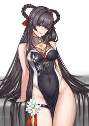  arm_support bare_shoulders black_gloves braid braided_hair_rings breasts brown_hair china_dress chinese_clothes cowboy_shot dress female flower fujita_ichi gloves goddess_of_victory:_nikke grin hair_ribbon hair_rings half_gloves highleg highleg_dress highres long_hair medium_breasts navel pelvic_curtain red_eyes ribbon sitting smile solo thigh_strap twin_braids very_long_hair yan_(nikke) 