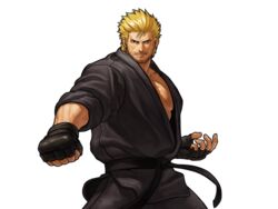  1boy aged_up alternate_costume arm_behind_back bara beard belt black_belt black_clothes black_gloves blonde_hair brown_eyes clenched_hand closed_mouth colored_eyelashes cowboy_shot dougi facial_hair fighting_stance fingerless_gloves gloves hiroaki_(kof) karate_gi large_pectorals looking_at_viewer male_focus martial_arts_belt mature_male mr._karate_ii muscular muscular_male neo_geo_battle_coliseum official_art pectoral_cleavage pectorals ryou_sakazaki ryuuko_no_ken short_hair sideburns simple_background smile snk solo standing white_background 