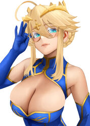  adjusting_eyewear ahoge artoria_pendragon_(fate) artoria_pendragon_(lancer)_(fate) bespectacled blonde_hair blue_gloves blue_leotard braid breasts cleavage crown fate/grand_order fate_(series) female french_braid glasses gloves green_eyes highres large_breasts leotard looking_at_viewer parted_lips sidelocks simple_background sleeveless sleeveless_turtleneck sleeveless_turtleneck_leotard solo swept_bangs turtleneck upper_body white_background yamaneko_(tkdrumsco) 