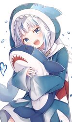  :d animal_hood blue_eyes blue_hoodie blue_nails blunt_bangs blush cowboy_shot female fins fish_tail gawr_gura gawr_gura_(1st_costume) gomano_rio gradient_clothes grey_hair head_tilt heart highres holding holding_stuffed_toy hololive hololive_english hood hood_up hoodie long_hair looking_at_viewer multicolored_hair open_mouth shark_girl shark_hood shark_tail sharp_teeth simple_background sleeves_past_wrists smile solo streaked_hair stuffed_animal stuffed_shark stuffed_toy tail teeth virtual_youtuber water_drop white_background wide_sleeves 