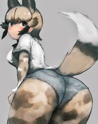  african_wild_dog_(kemono_friends) animal_ears ass ass_focus black_hair blush breasts brown_eyes commentary_request cowboy_shot dog_ears dog_girl dog_tail elbow_gloves extra_ears female from_behind gloves grey_background highres kemono_friends large_breasts light_brown_hair looking_at_viewer looking_back monster_girl multicolored_hair pantyhose shibori_kasu shirt short_hair short_shorts short_sleeves shorts simple_background solo tail two-tone_hair white_hair white_shirt 