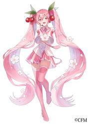  absurdres cherry_blossoms cherry_hair_ornament collared_shirt commentary company_name contrapposto copyright_notice crypton_future_media detached_sleeves dot_nose female fingernails floating_hair flower food-themed_hair_ornament full_body hair_between_eyes hair_flower hair_ornament hatsune_miku headset highres holding holding_flower interlocked_fingers jam_(zamuchi) leaf_hair_ornament light_smile long_hair looking_at_viewer necktie official_art open_mouth outstretched_arms own_hands_together pink_eyes pink_flower pink_hair pink_nails pink_necktie pink_thighhighs pleated_skirt sakura_miku shirt simple_background skirt sleeveless sleeveless_shirt solo standing standing_on_one_leg tachi-e tareme thighhighs twintails very_long_hair vocaloid white_background white_shirt zettai_ryouiki 