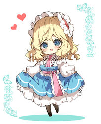  alice_margatroid blonde_hair blue_dress blue_eyes blush chibi dress female frilled_dress frills full_body hairband heart lolita_hairband long_sleeves open_mouth piyokichi red_hairband short_hair skirt_hold smile solo touhou white_background 