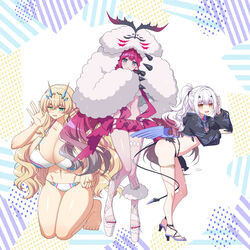  3girls abs antlers baobhan_sith_(fate) baobhan_sith_(swimsuit_pretender)_(fate) baobhan_sith_(swimsuit_pretender)_(first_ascension)_(fate) bare_shoulders barghest_(fate) barghest_(swimsuit_archer)_(fate) barghest_(swimsuit_archer)_(final_ascension)_(fate) bikini black_bikini black_jacket blonde_hair blush breasts cernunnos_(fate) character_hood cleavage collarbone cropped_jacket dragon_wings fate/grand_order fate_(series) fish_bottle forked_eyebrows full_body green_eyes grey_eyes headwear_with_attached_mittens high_ponytail highres horns huge_breasts jacket kneeling large_breasts long_hair long_sleeves looking_at_viewer melusine_(fate) melusine_(swimsuit_ruler)_(fate) melusine_(swimsuit_ruler)_(first_ascension)_(fate) microskirt multicolored_bikini multicolored_clothes multiple_girls navel open_mouth pink_hair platform_footwear platform_heels pointy_ears red_skirt sakura_tsubame sandals shrug_(clothing) sidelocks skirt small_breasts smile swimsuit tail thighlet thighs white_bikini white_hair white_jacket wings yellow_eyes 