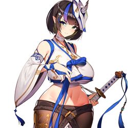  belt black_hair blue_hair breasts closed_mouth detached_sleeves female green_eyes greyhaven holding holding_sword holding_weapon katana large_breasts mask mask_on_head navel pointy_ears powzin76 purple_hair simple_background solo standing sword weapon white_background wide_sleeves 