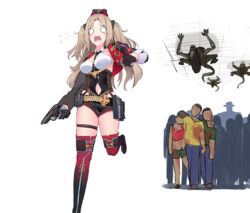  6+others absurdres alien alien_(1979) alien_(series) belt belt_pouch between_breasts black_gloves black_necktie black_thighhighs blood blood_on_clothes boots breasts chasing clothing_cutout commentary_request cross crossover crowd female fleeing flying_sweatdrops girls&#039;_frontline gloves gradient_legwear gun h&amp;k_vp70 handgun hat headwear_request highres holding holding_gun holding_weapon iron_cross large_breasts long_hair mr._x_(resident_evil) multiple_crossover multiple_others navel necktie necktie_between_breasts o_o on_ceiling open_mouth pouch red_thighhighs resident_evil running scared sidelocks silhouette simple_background stomach_cutout tearing_up thigh_strap thighhighs two_side_up vp70_(girls&#039;_frontline) weapon weapon_connection white_background xenomorph yanagui_yugi zombie 