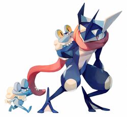  :o bluekomadori closed_eyes closed_mouth commentary english_commentary froakie frog furry greninja holding looking_back open_mouth pokemon pokemon_(creature) smile standing tongue tongue_scarf walking 