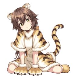  animal_costume animal_ears animal_hands animal_print brown_hair capelet commentary eiyuu_densetsu female fur_trim gloves green_eyes hakuleg long_hair paw_gloves paw_shoes sen_no_kiseki sitting solo tail tiger_costume tiger_ears tiger_print tiger_tail towa_herschel wariza white_background 