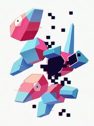  black_eyes bluekomadori commentary english_commentary film_grain glitch grey_background head_tilt highres looking_to_the_side no_humans pokemon pokemon_(creature) porygon severed_torso 