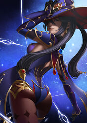  adjusting_clothes adjusting_headwear armpits ass black_hair black_pantyhose blue_eyes blue_leotard breasts cape commentary detached_sleeves earrings english_commentary female from_behind genshin_impact hair_between_eyes hair_ornament hat head_tilt highres jewelry leotard long_hair long_sleeves looking_at_viewer looking_back mona_(genshin_impact) okita pantyhose sideboob sidelocks simple_background solo twintails vision_(genshin_impact) witch_hat 