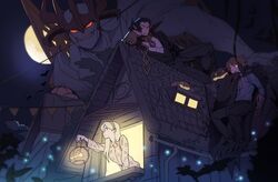  2boys 2others alternate_costume black_hair black_pants black_shirt blonde_hair chains colored_skin ezreal female fiddlesticks fingernails galio giant hair_between_eyes headband holding holding_lantern house lantern league_of_legends light long_hair long_sleeves lux_(league_of_legends) moon multiple_boys multiple_others night night_sky oerba_yun_fang on_roof on_rooftop outdoors pants partially_unbuttoned pectoral_cleavage pectorals pointy_ears pumpkinhead_fiddlesticks red_eyes sharp_fingernails shirt short_hair sky sylas_(league_of_legends) torn_wings window wings zaket07 