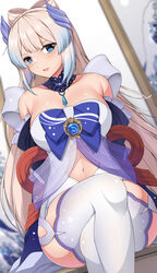  :d arms_behind_back blue_eyes blue_hair blush bow-shaped_hair breasts brooch clothing_cutout colored_tips commentary crossed_legs dutch_angle english_commentary female genshin_impact highres jewelry large_breasts long_hair looking_at_viewer multicolored_hair navel navel_cutout pink_hair purple_thighhighs sangonomiya_kokomi see-through sheita sitting smile solo thighhighs 