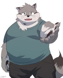  2020 anthro belly black_nose bodily_fluids bottomwear bulge canid canine clothing crying hi_res humanoid_hands kemono male mammal overweight overweight_anthro overweight_male shirt shorts simple_background solo tears topwear uokkom white_background 