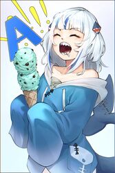  ! !! a_(phrase) absurdres bare_shoulders blue_hair blue_sleeves blunt_bangs chocolate_chip closed_eyes collarbone cowboy_shot english_commentary eyelashes female fins fish_tail food gawr_gura gawr_gura_(1st_costume) grey_hair hair_ornament highres holding hololive hololive_english ice_cream ice_cream_cone long_sleeves mint multicolored_hair netural off_shoulder open_mouth pouch saliva shark_girl shark_tail sharp_teeth simple_background sleeves_past_wrists solo tail teeth v-shaped_eyebrows virtual_youtuber white_background 