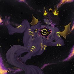  1:1 absurd_res anthro black_hair black_hole black_nails black_sclera canid canine claws colored_nails cosmic_background covered_eye crown domestic_cat ears_up ethereal_horn ethereal_wings felid feline felis floating flying forestguiide fox fur galaxy greed_(yamikadesu) hair headgear hi_res hidden_eye hole_in_chest horn hybrid looking_at_chest magic male mammal markings nails purple_body purple_fur purple_hairtip purple_tail snout solo space space_background star striped_body striped_fur stripes tail teeth wings yellow_eyes yellow_magic yellow_markings 