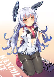  absurdres adapted_costume bare_shoulders black_pantyhose blunt_bangs blush boots bow breasts checkered closed_mouth dress female full_body gloves gradient_background grey_hair hair_ribbon hands_on_own_chest headgear highres horosuke kantai_collection kneeling long_hair looking_at_viewer murakumo_(kancolle) murakumo_kai_ni_(kancolle) necktie orange_eyes pantyhose race_queen red_footwear red_necktie ribbon sailor_dress shadow shiny_clothes shiny_skin short_necktie simple_background sleeveless smile solo thighband_pantyhose tress_ribbon zipper_pull_tab 