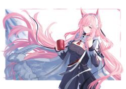  absurdres animal_ears arknights bad_id bad_pixiv_id black_dress breasts commentary_request cowboy_shot cup dress female hairband highres holding holding_cup long_hair long_sleeves looking_at_viewer medium_breasts pink_eyes pink_hair pozyomka_(arknights) pozyomka_(snowy_plains_in_words)_(arknights) smile solo standing unitaka very_long_hair white_background white_hairband wolf_ears 