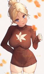  :d arm_behind_back artist_name blonde_hair blue_eyes blurry breasts brown_sleeves cleavage cleavage_cutout clothing_cutout commission cowboy_shot dress english_commentary eyelashes female forehead hair_bun heart heart-shaped_pupils highres large_breasts leaf leaf_cutout legs_apart liremi long_sleeves looking_at_viewer maple_leaf open_mouth original parted_bangs short_hair simple_background single_hair_bun smile solo sweater sweater_dress symbol-shaped_pupils thighhighs web_address white_background white_thighhighs 