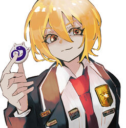  :3 blonde_hair closed_mouth collared_shirt don_quixote_(project_moon) female hair_between_eyes highres holding jacket limbus_company long_sleeves nakame77 necktie open_clothes open_jacket orange_eyes project_moon red_necktie shirt short_hair smile solo white_background white_shirt 